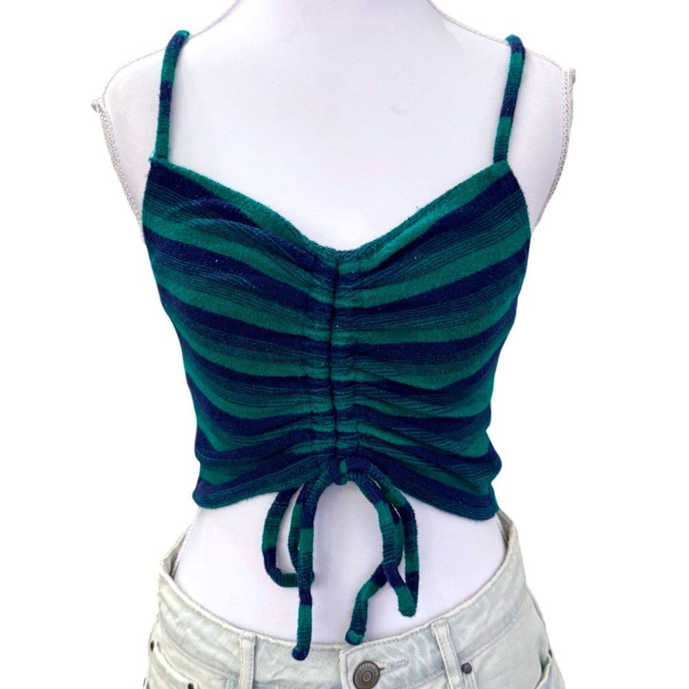Forever 21 Striped Ruched Crop Top Cami Green Navy Blue Y2K Small